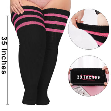 Plus Size Thigh High Socks Striped- Black & Pink