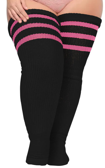 Plus Size Thigh High Socks Striped- Black & Pink