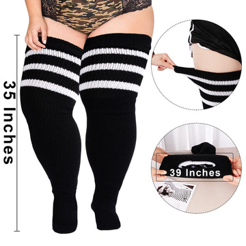 Plus Size Thigh High Socks Striped- Black & White