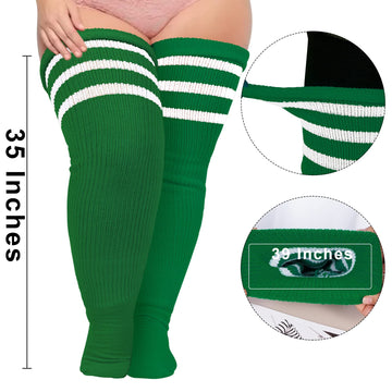 Plus Size Thigh High Socks Striped- Light Emerald & White