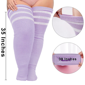 Plus Size Thigh High Socks Striped- Light Purple & White