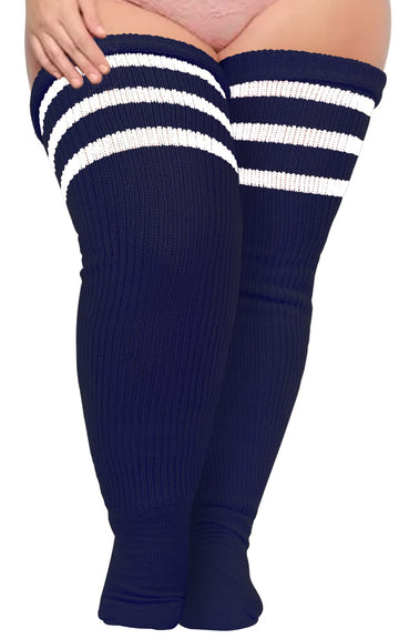 Plus Size Thigh High Socks Striped- Navy & White