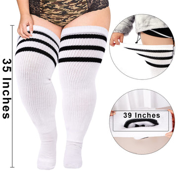 Plus Size Thigh High Socks Striped- White & Black