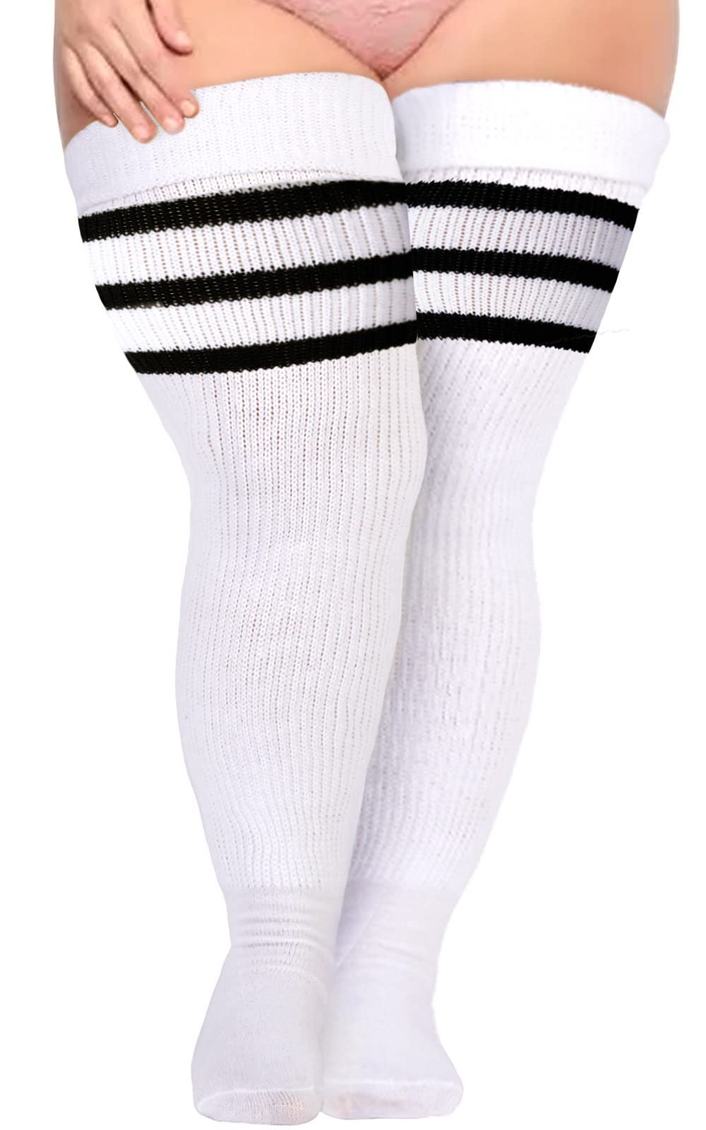 Plus Size Thigh High Socks Striped White Black Moon Wood plus-size-thigh-high-socks-striped-white-black-moon-wood