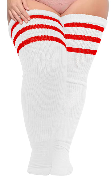 Plus Size Thigh High Socks Striped- White & Red