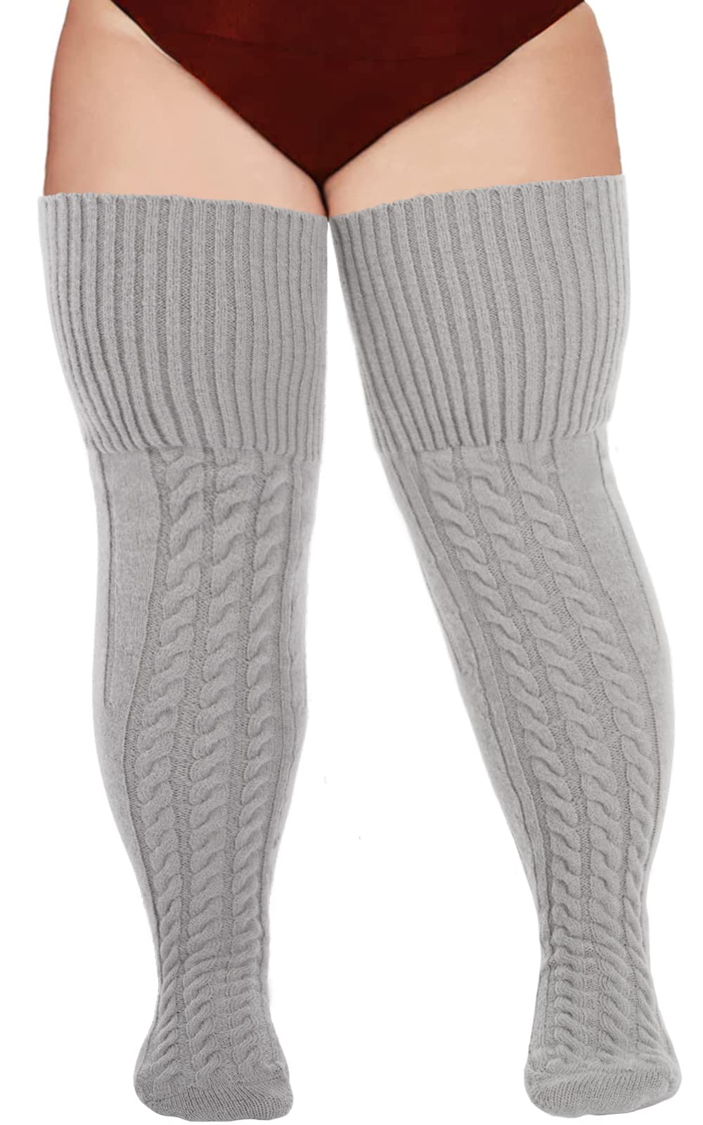 Mu Plus Size Womens Thigh High Socks for Thick Thighs- Extra Long Striped  Thick Over the Knee Stockings- Leg Warmer Boot Socks，Grey 