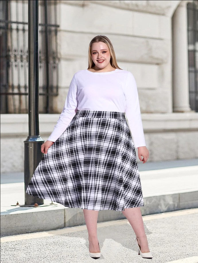 Plus Size Midi Plaid Skirt High Waisted Flared - Moon Wood