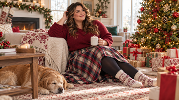 Cozy plus size Christmas morning outfit with cranberry sweater and plaid skirt