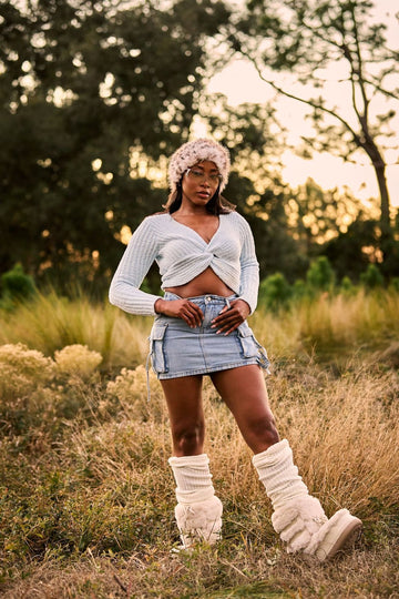 Knit leg warmers vs over the knee socks comparison look styled for a fall field outfit