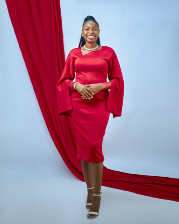 curvy woman in elegant red plus size homecoming dress