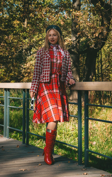 Plus size fall plaid outfit inspiration: red tartan dress with matching tweed jacket