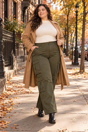 Plus size woman styling olive cargo pants with a camel trench coat for fall