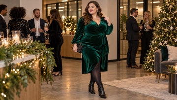 Plus size Christmas office party outfit in emerald velvet at a festive office event