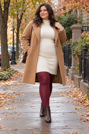 Plus size colored tights outfit with burgundy hosiery and a camel coat for fall