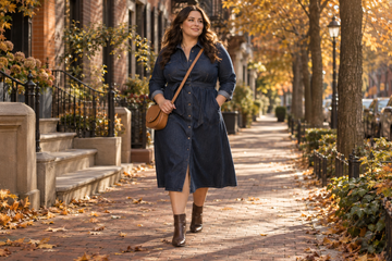 Plus size woman wearing a dark denim midi dress for a fall city outfit