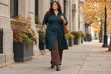 Plus size teal shirt dress layered over chocolate wide leg pants for fall