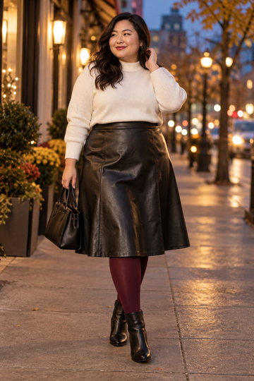 Plus size woman wearing a black faux-leather midi skirt with burgundy tights and ankle boots
