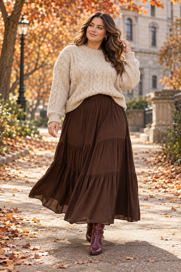 Plus size woman wearing a chocolate maxi skirt with an oatmeal sweater for fall