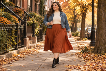 Plus size woman in a rust midi skirt and black ankle boots on an autumn street