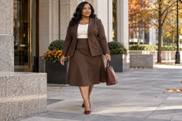 Plus size woman wearing a chocolate brown skirt suit for fall workwear