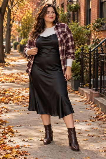 Plus size black slip dress layered with a burgundy plaid flannel shirt for fall