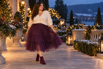 Plus size plum tulle midi skirt with a cream cardigan for a holiday evening