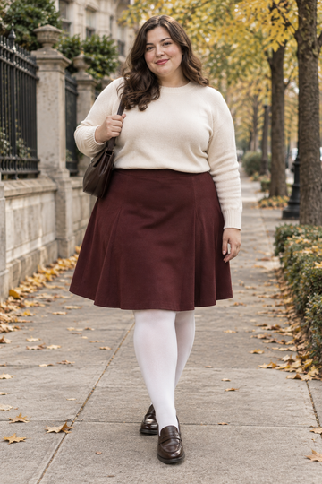 Plus size woman wearing opaque white tights with a burgundy skirt and brown loafers in fall
