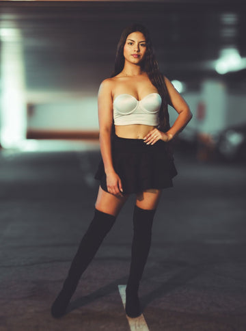 How to keep thigh high stockings up with black over the knee stockings and a mini skirt