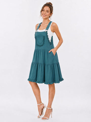 Moon Wood short overall dress with pockets, deep teal tiered hem, adjustable straps