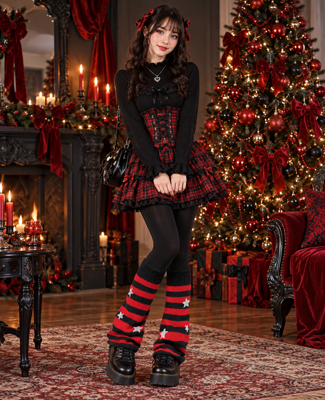 Christmas scene model photo, Leg Warmers for Women Knitted Goth Lolita - Black & Red Star, preserve original product color, length, pattern, and texture, holiday ecommerce lifestyle image