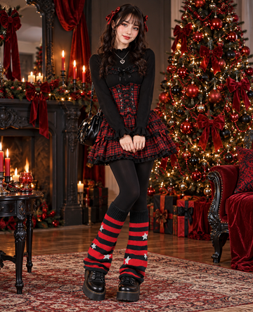 Christmas scene model photo, Leg Warmers for Women Knitted Goth Lolita - Black & Red Star, preserve original product color, length, pattern, and texture, holiday ecommerce lifestyle image