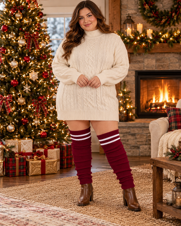 Corrected plus size thigh high leg warmers, Plus Size Leg Warmers for Women - Burgundy & White, Christmas model photo, upper-thigh length not knee-high, original line pattern and ribbed texture preserved