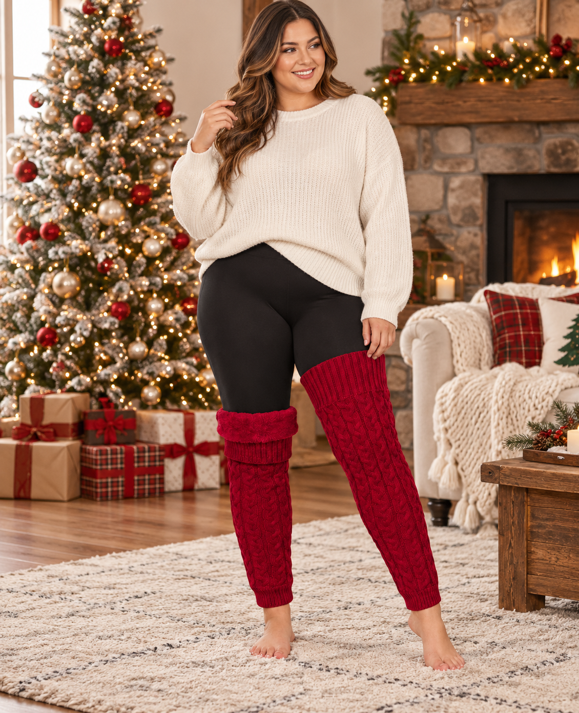 Christmas scene model photo, Plus Size Fleece Lined Leg Warmers Thick Footless - Burgundy, preserve original product color, length, pattern, and texture, holiday ecommerce lifestyle image