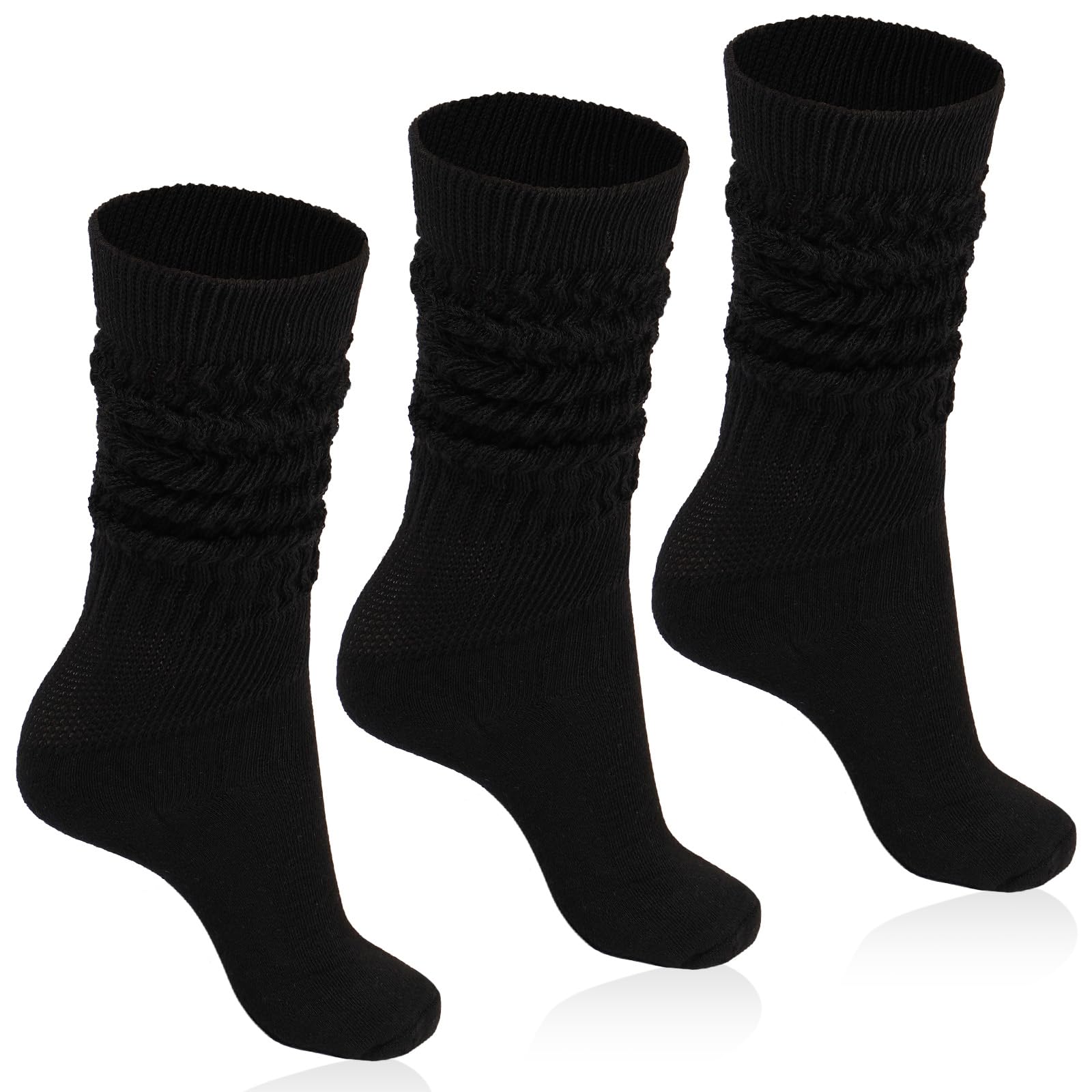 3 Pairs Cotton Knee High Slouch Socks - Black - Moon Wood