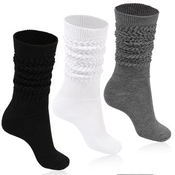 3 Pairs Cotton Knee High Slouch Socks - Black, White, Grey
