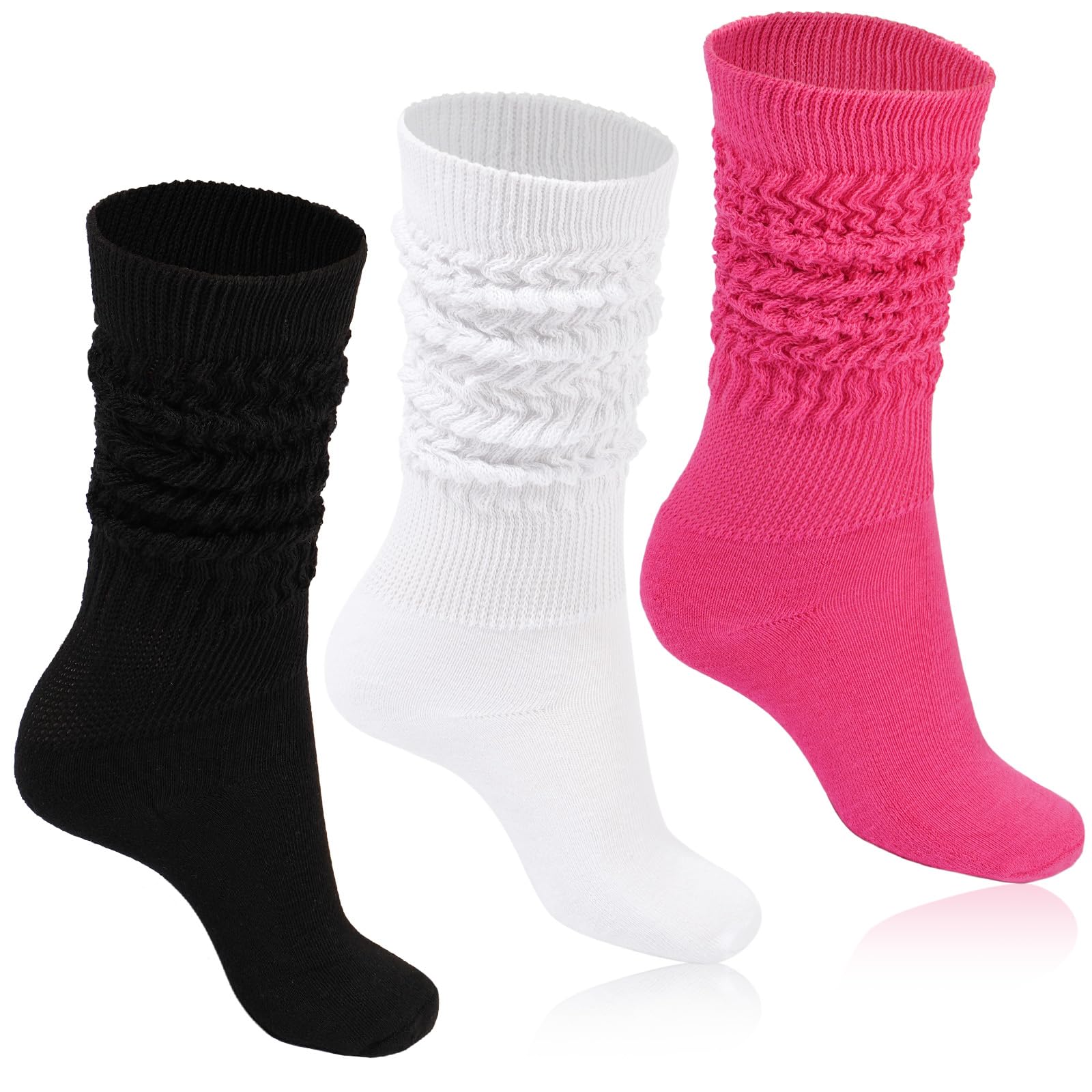 3 Pairs Cotton Knee High Slouch Socks - Black, White, Rose - Moon Wood