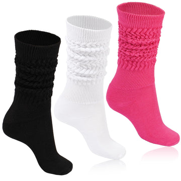 3 Pairs Cotton Knee High Slouch Socks - Black, White, Rose