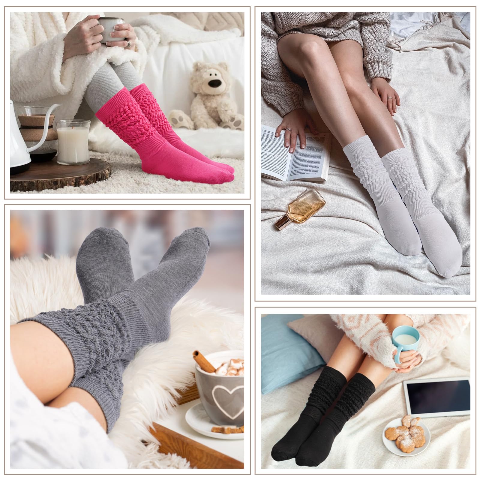 3 Pairs Cotton Knee High Slouch Socks - Black, White, Rose - Moon Wood