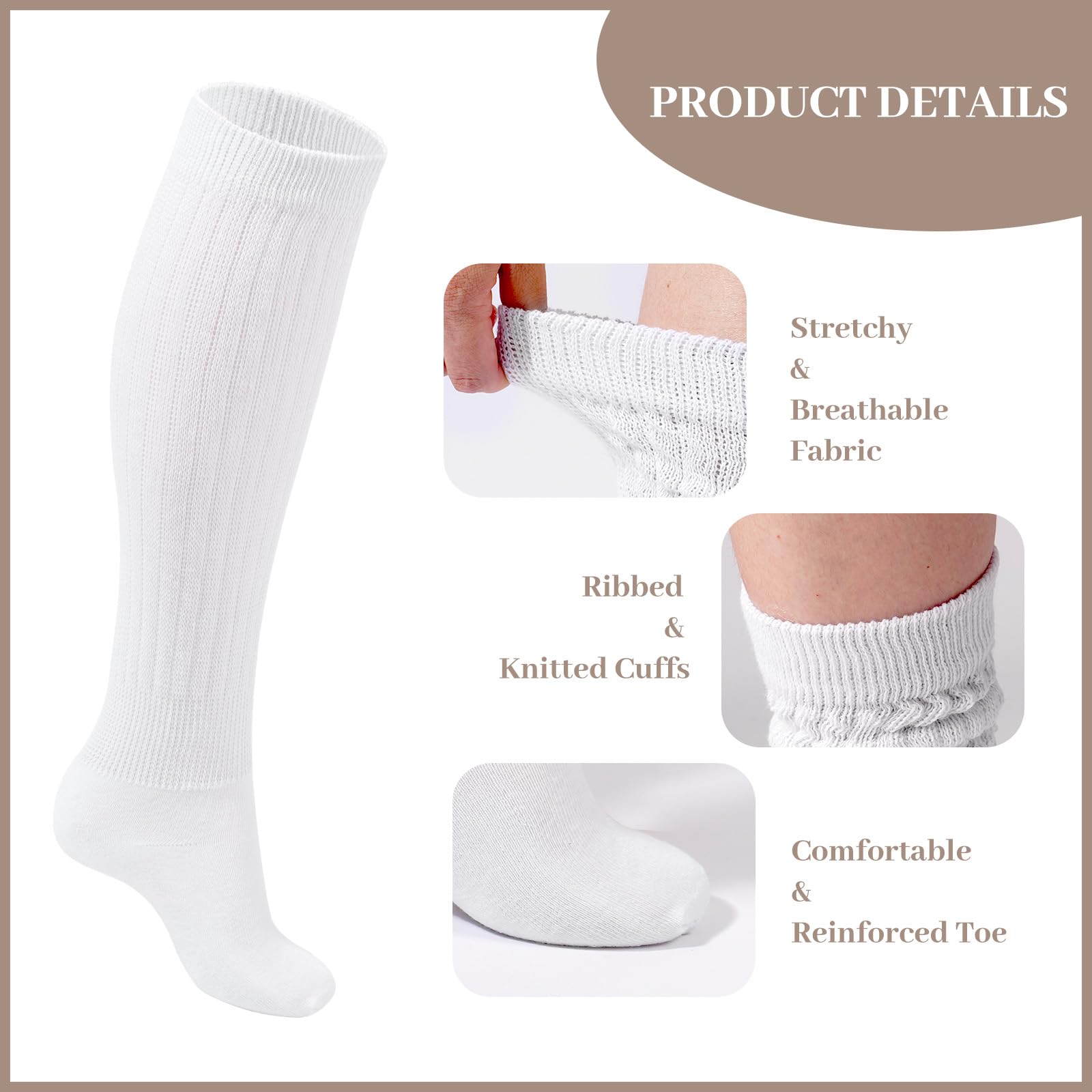 3 Pairs Cotton Knee High Slouch Socks - White - Moon Wood
