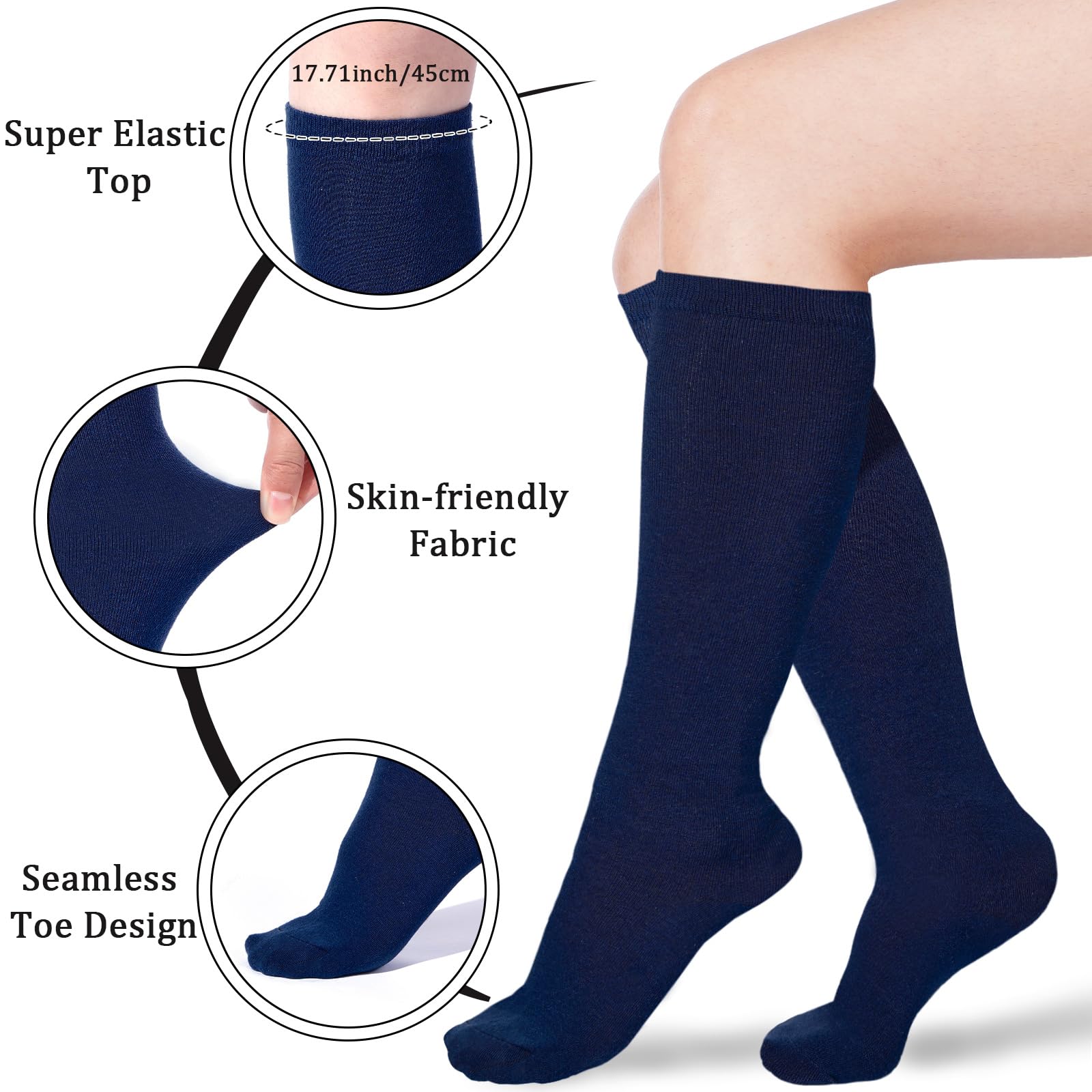 Moon Wood 3 Pairs Cotton Knee High Socks Casual Navy