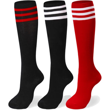 3 Pairs Cotton Knee High Socks Stripes Tube-Black, White, Red - Moon Wood