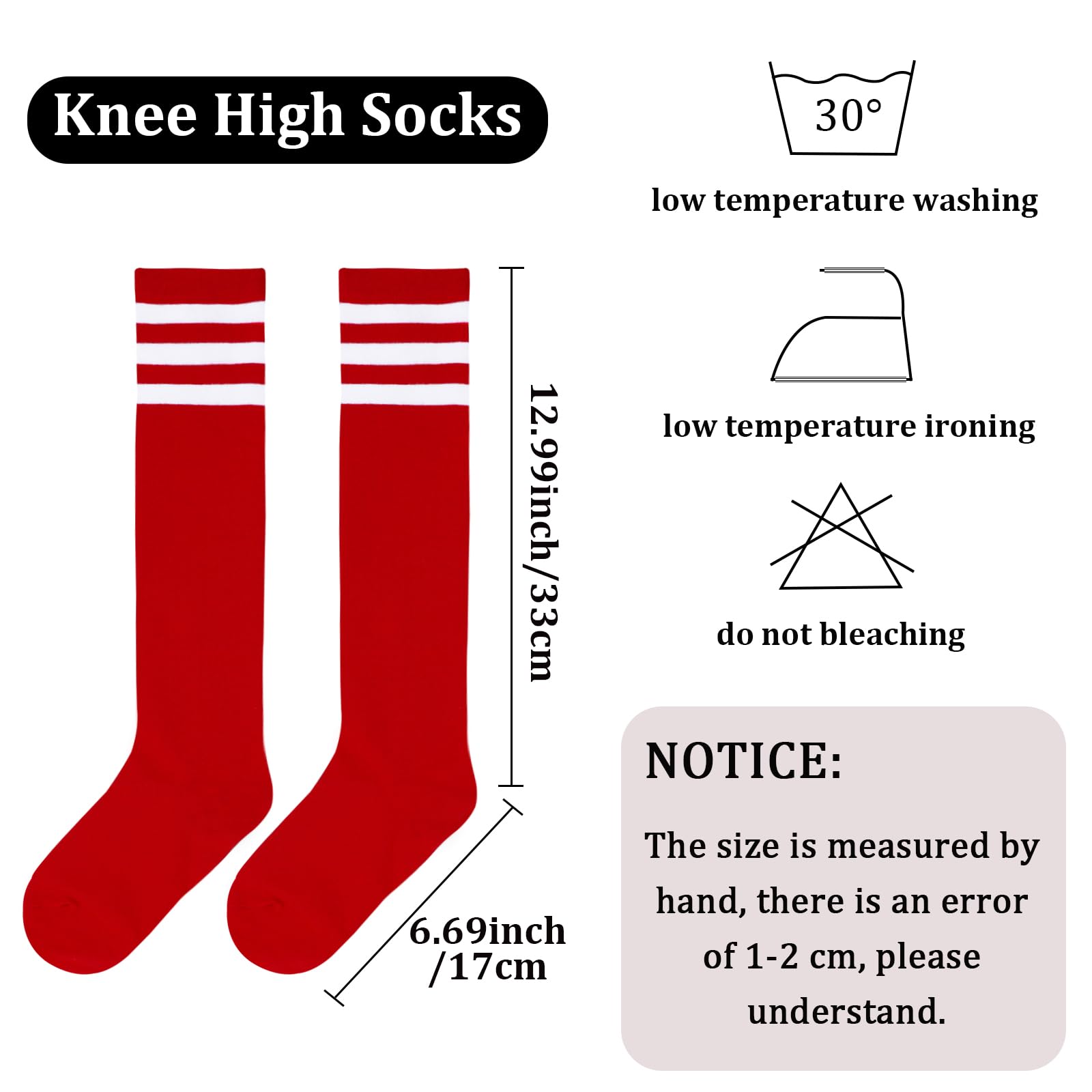 3 Pairs Cotton Knee High Socks Stripes Tube-Black, White, Red - Moon Wood