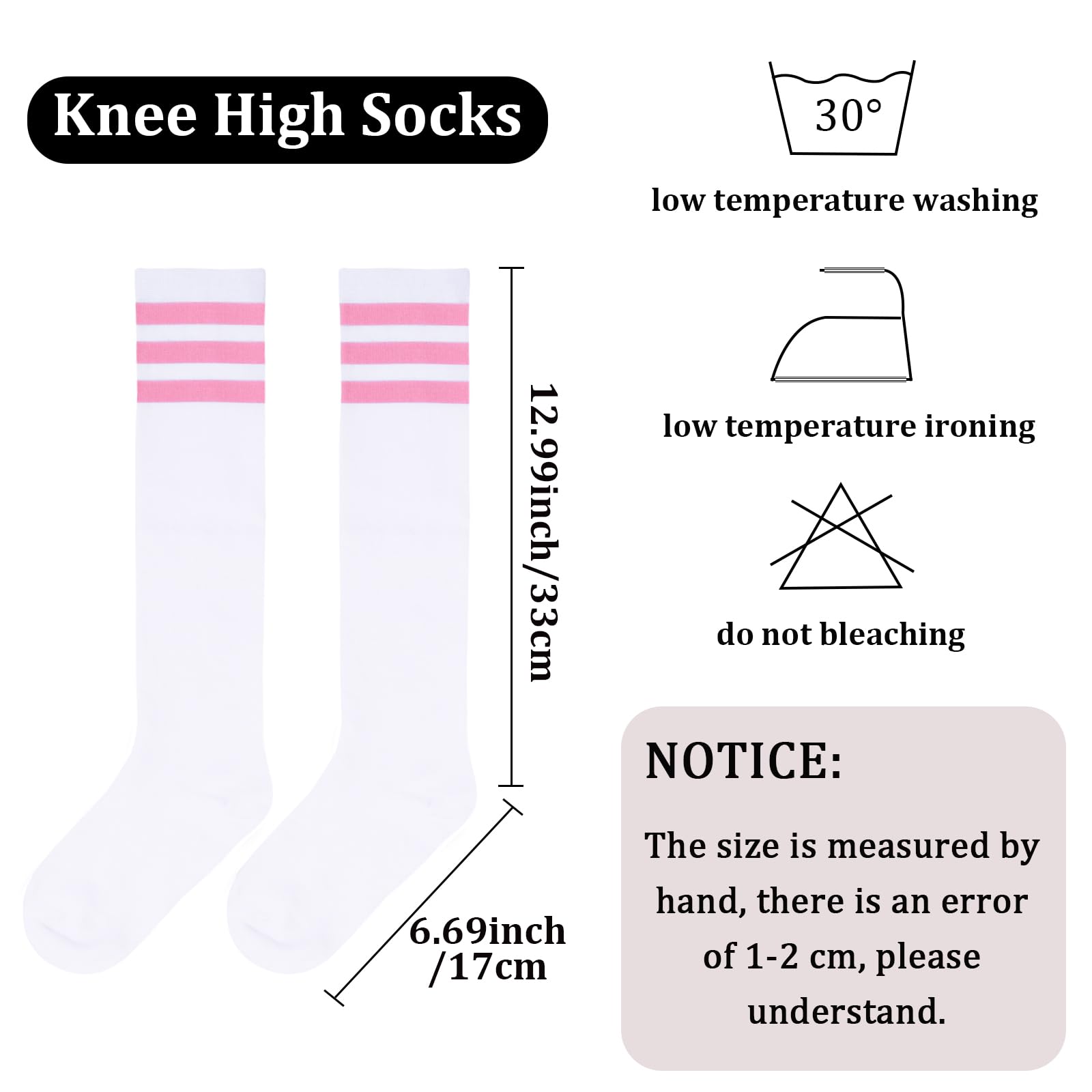 3 Pairs Cotton Knee High Socks Stripes Tube-White, Black, Pink - Moon Wood