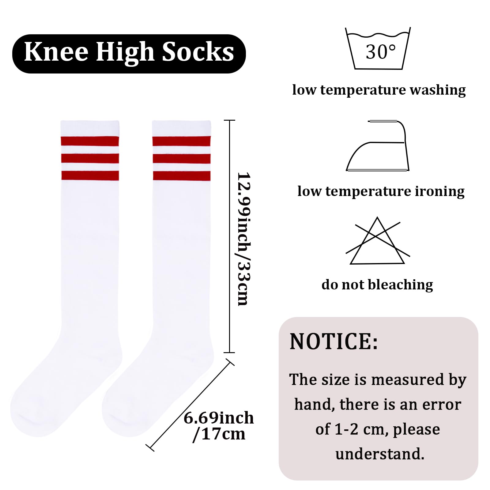 3 Pairs Cotton Knee High Socks Stripes Tube-White&red/White&balck/White&pink - Moon Wood
