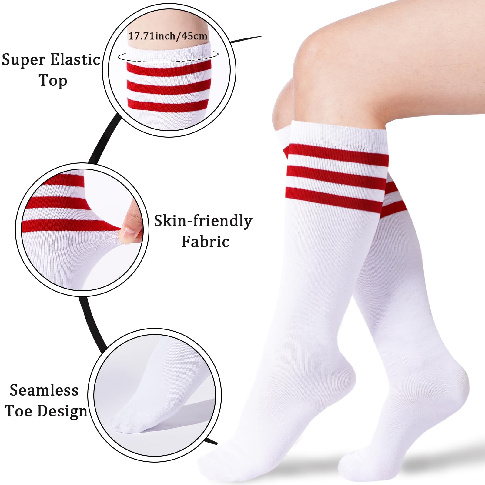 3 Pairs Cotton Knee High Socks Stripes Tube-White&red/White&balck/White&pink - Moon Wood