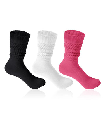 3 Pairs Crew Slouch Socks - Black White Rose