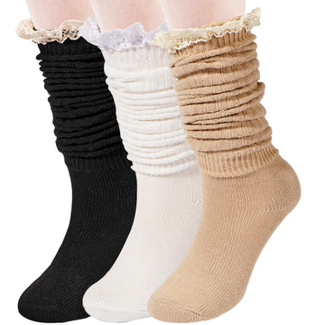 3 Pairs Knee High Slouch Socks for Women Ruffle-Black,White,Beige