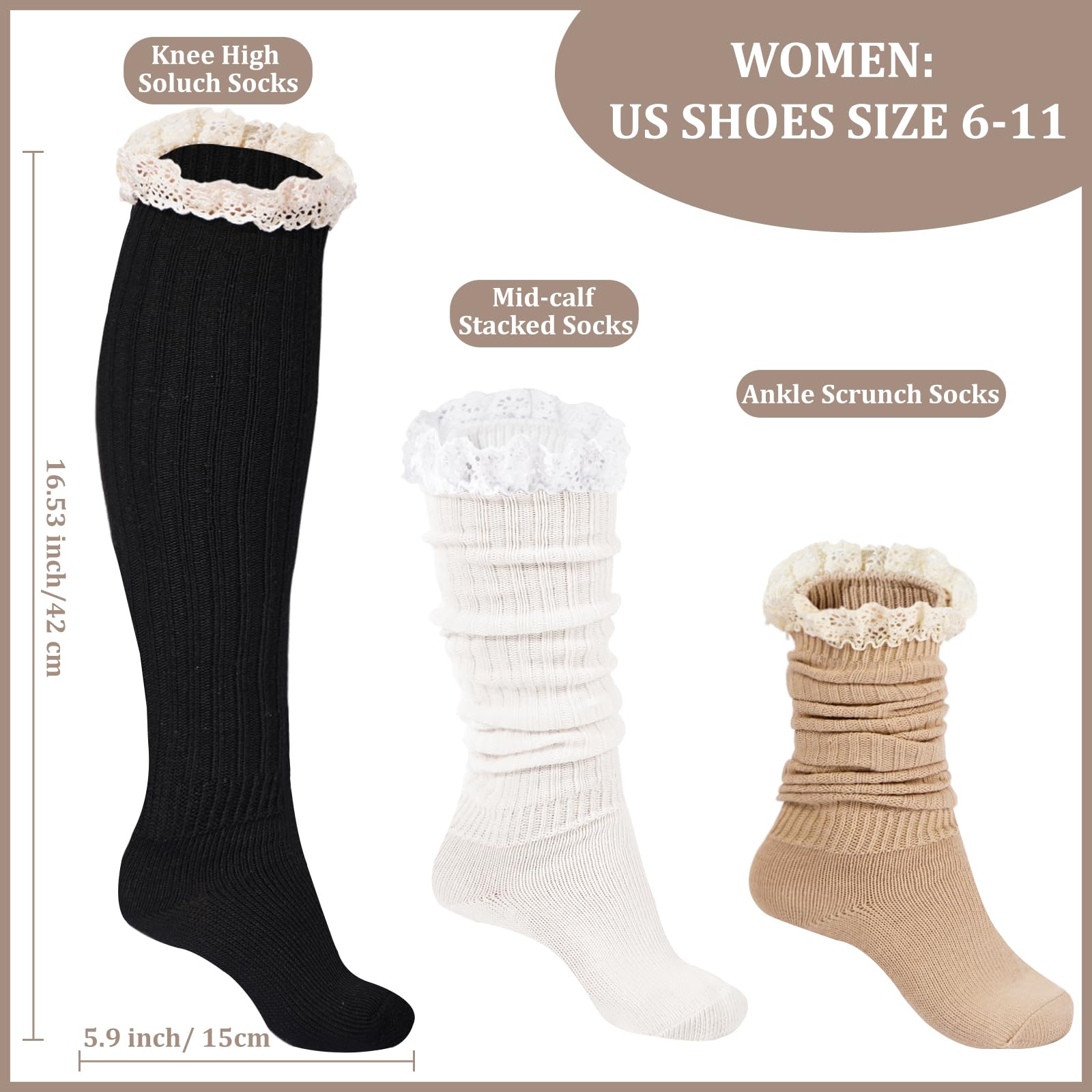 3 Pairs Knee High Slouch Socks for Women Ruffle-Black,White,Beige - Moon Wood