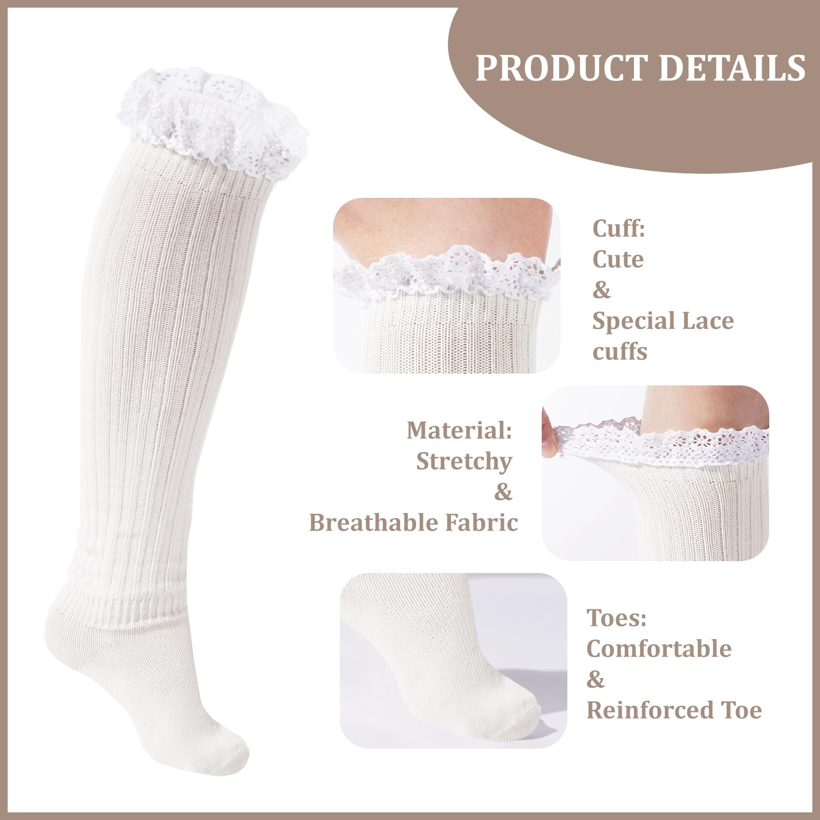 3 Pairs Knee High Slouch Socks for Women Ruffle-Black,White,Beige - Moon Wood