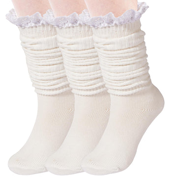 3 Pairs Knee High Slouch Socks for Women Ruffle-White
